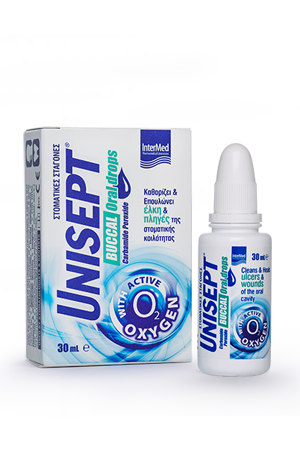 UNISEPT Buccal Oral drops,ΣΤΟΜΑΤΙΚΕΣ ΣΤΑΓΟΝΕΣ ΜΕ ΕΝΕΡΓΟ ΟΞΥΓΟΝΟ ΓΙΑ ΚΑΘΑΡΙΣΜΟ & ΕΠΟΥΛΩΣΗ ΕΛΚΩΝ,ΠΛΗΓΩΝ & ΦΛΕΓΜΟΝΩΝ