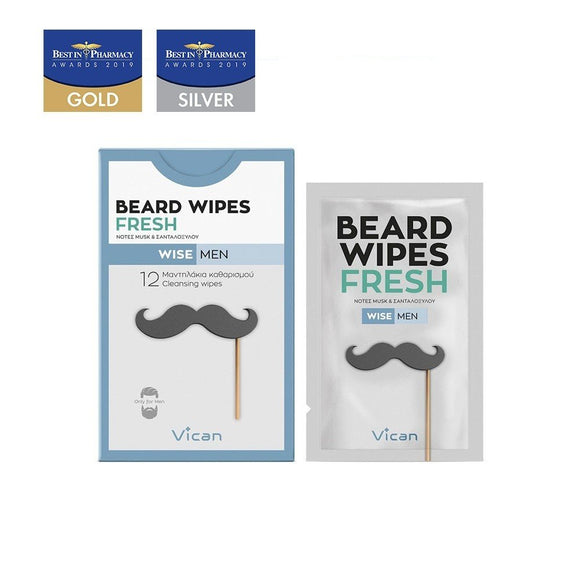 WISE MEN BEARD WIPES FRESH,ΑΤΟΜΙΚΑ ΜΑΝΤΗΛΑΚΙΑ ΚΑΘΑΡΙΣΜΟΥ ΓΙΑ ΑΝΔΡΙΚΑ ΓΕΝΙΑ ΜΕ ΝΟΤΕΣ MUSK ΚΑΙ ΣΑΝΤΑΛΟΞΥΛΟΥ